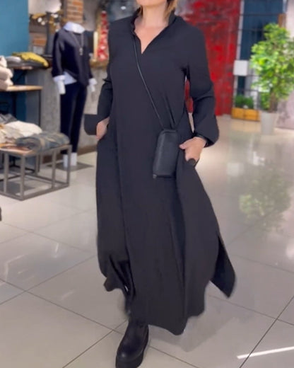 Damen Kleid Lang Gerafftes Kleid Mit Gerader Linie