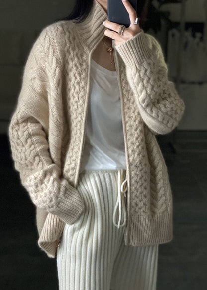 Damen Strickjacke Reißverschluss Warm Beige - Norvielle