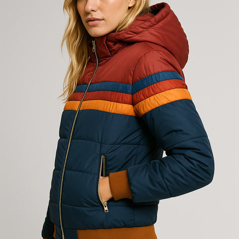 Damen Winterjacke Kapuze Streifenmuster