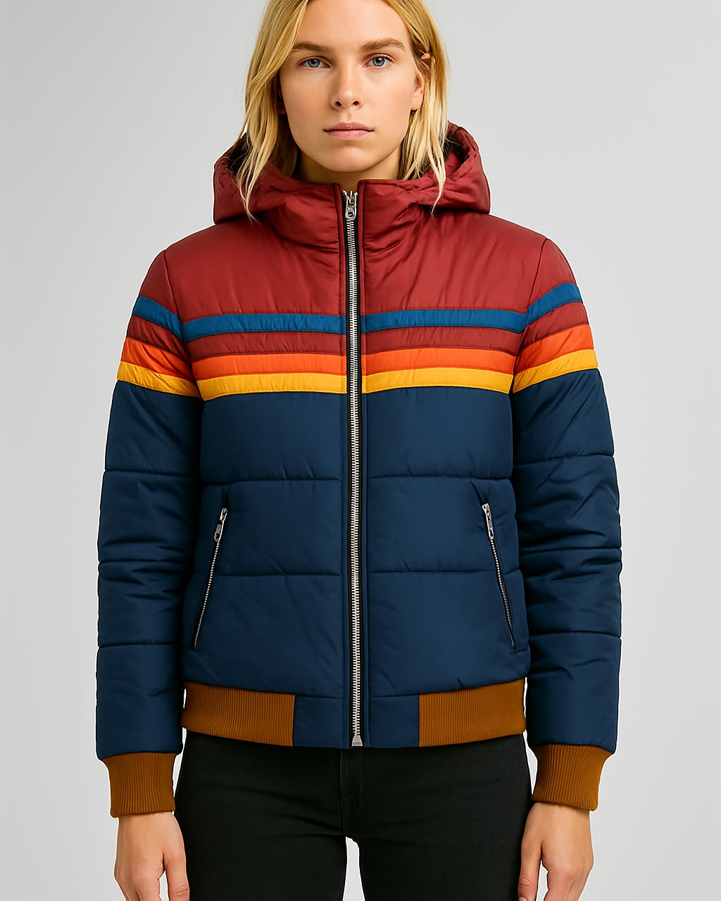 Damen Retro Pufferjacke Regenbogenstreifen Warm gefüttert - Norvielle