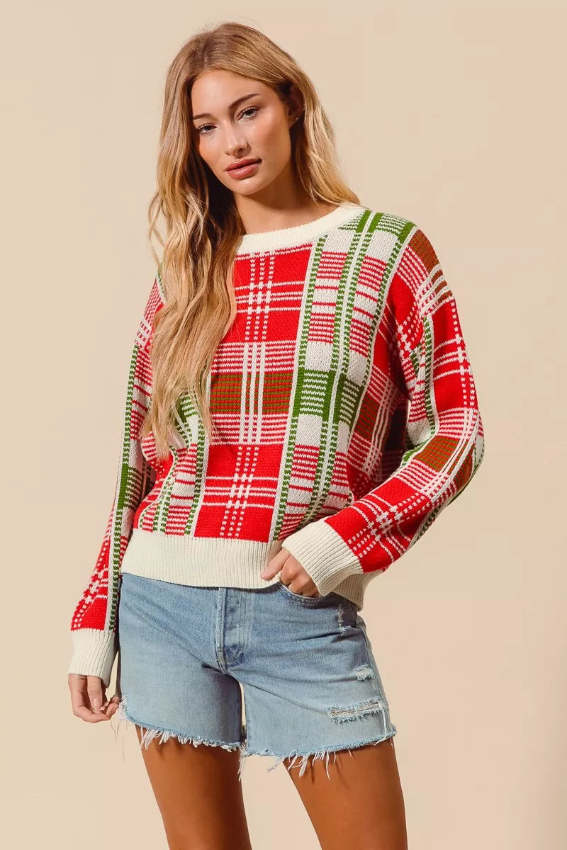 Weihnachtspullover Damen Karierter Rot Grün Rundhals