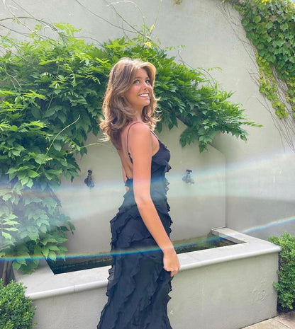 Damen Maxikleid Rüschen Abendkleid Spaghettiträger