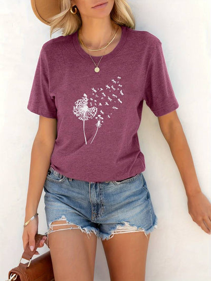 Norvielle Damen T-Shirt Löwenzahn-Print Rundhals Weiss