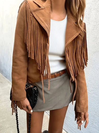 Damen Boho-Chic Jacke Kunstwildleder Fransen Braun - Norvielle