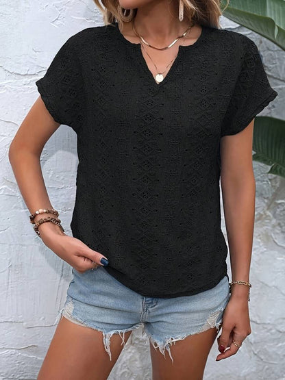 Norvielle Damen T-Shirt Eingekerbter Ausschnitt Lochstickerei