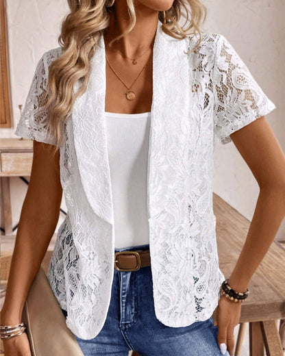 Damen Spitzenblazer Weiß Kurzärmelig