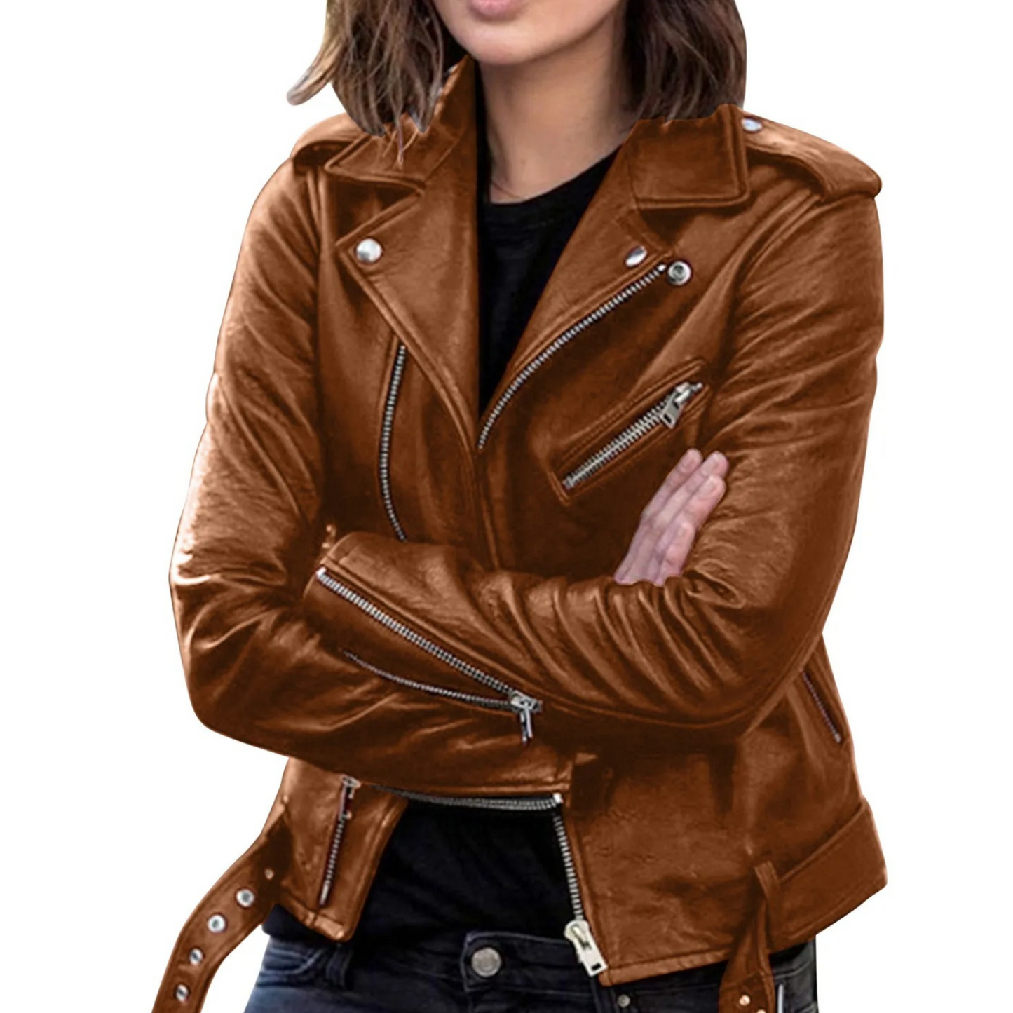 Damen Bikerjacke Leder Gürtel Reißverschluss