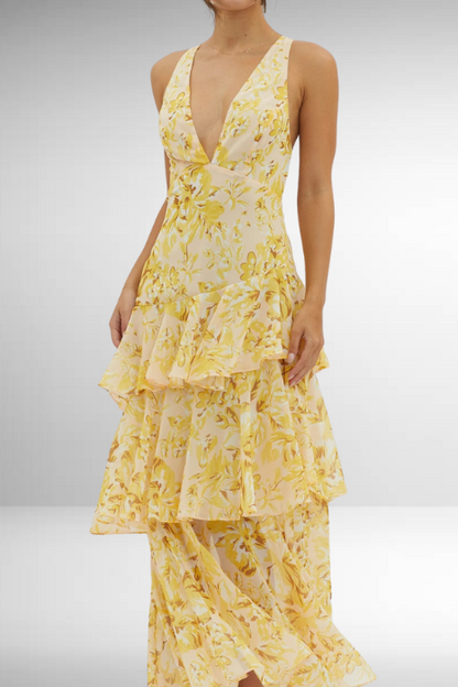 Cany Damen Maxikleid Blumenmuster V-Ausschnitt Stufenrock