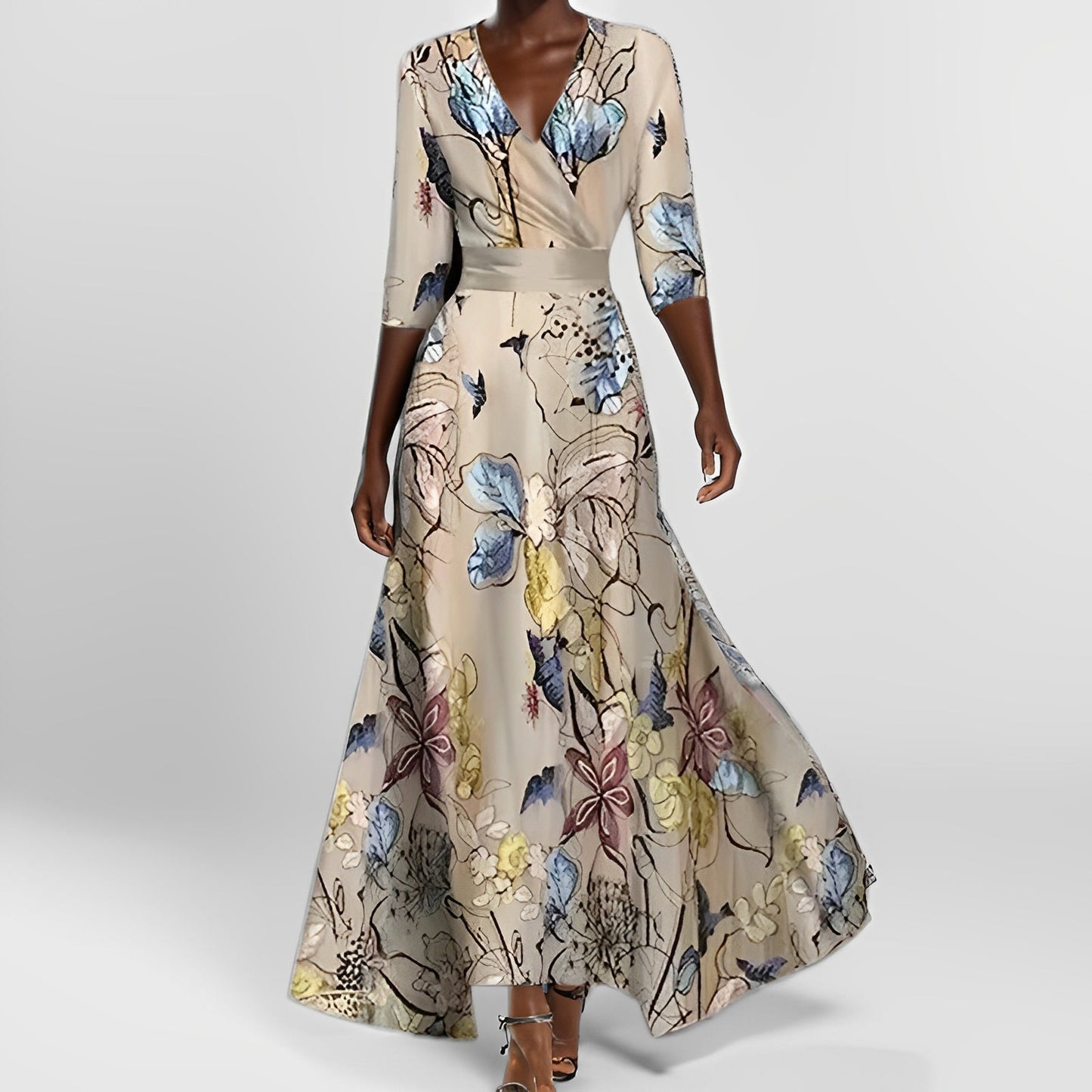 Damen Maxikleid Blumenmuster Langes Ärmel Kleid