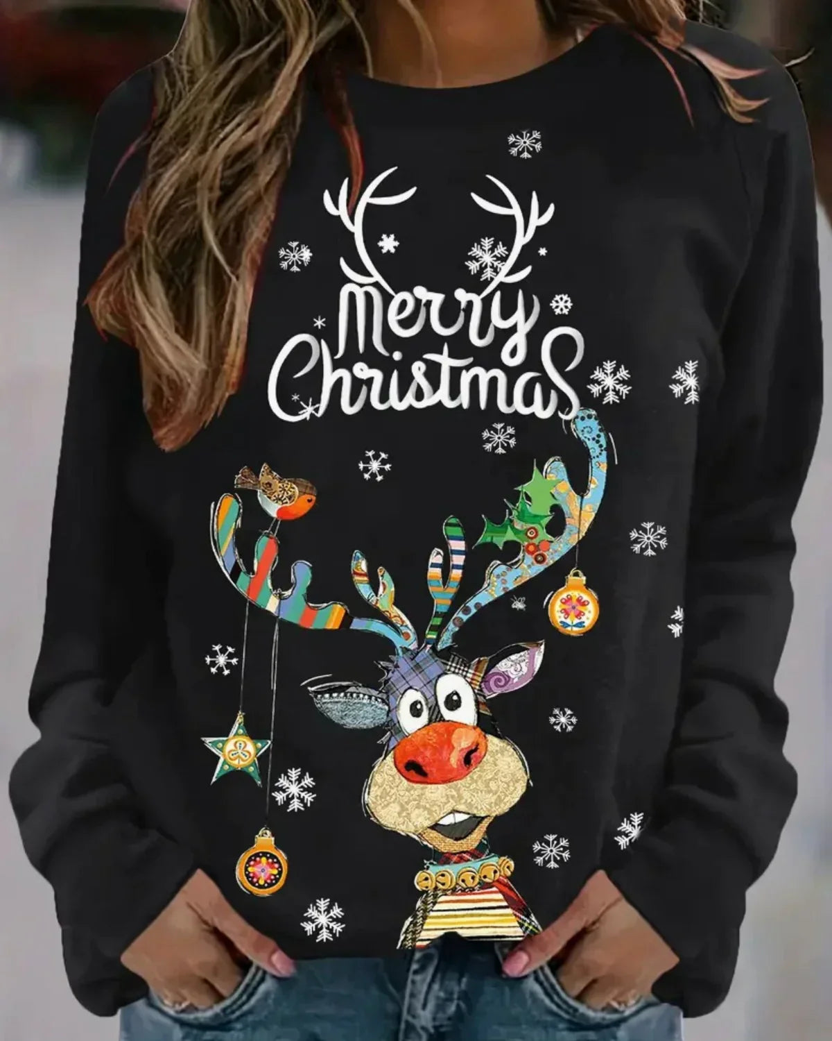 Damen Weihnachtspullover Rentier Motiv Warm