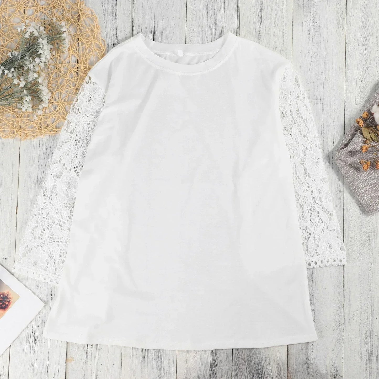 Damen Oversize-Shirt Weiß Spitzen-Ärmel Rundhals