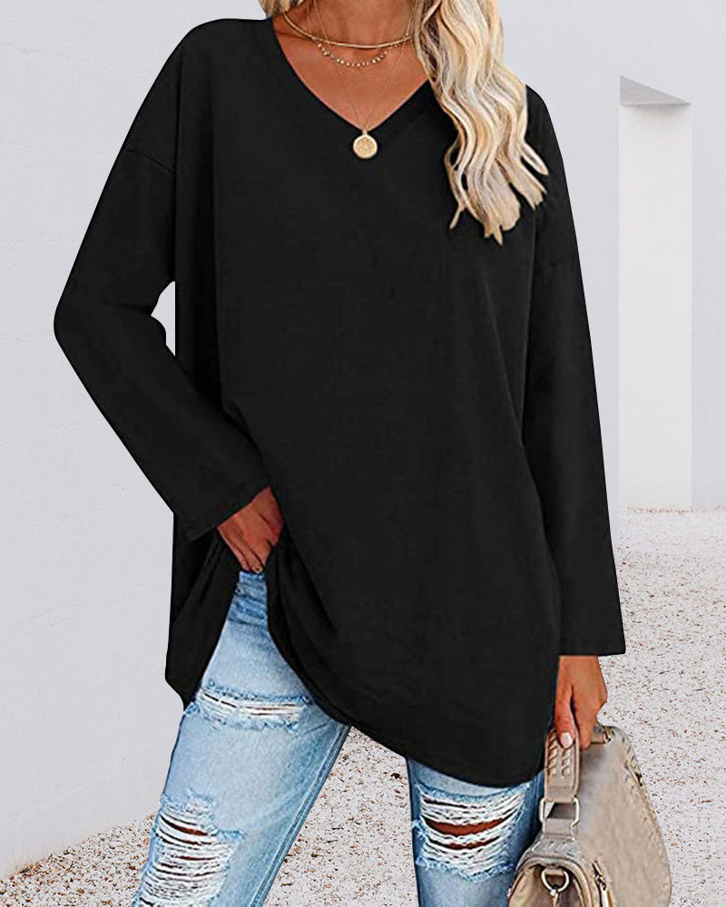 Norvielle Damen Langarm T-Shirt V-Ausschnitt Einfarbig