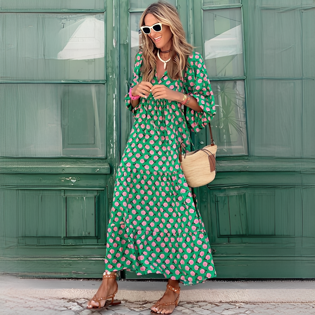 Damen Boho-Kleid Lang Ärmelig Baumwolle