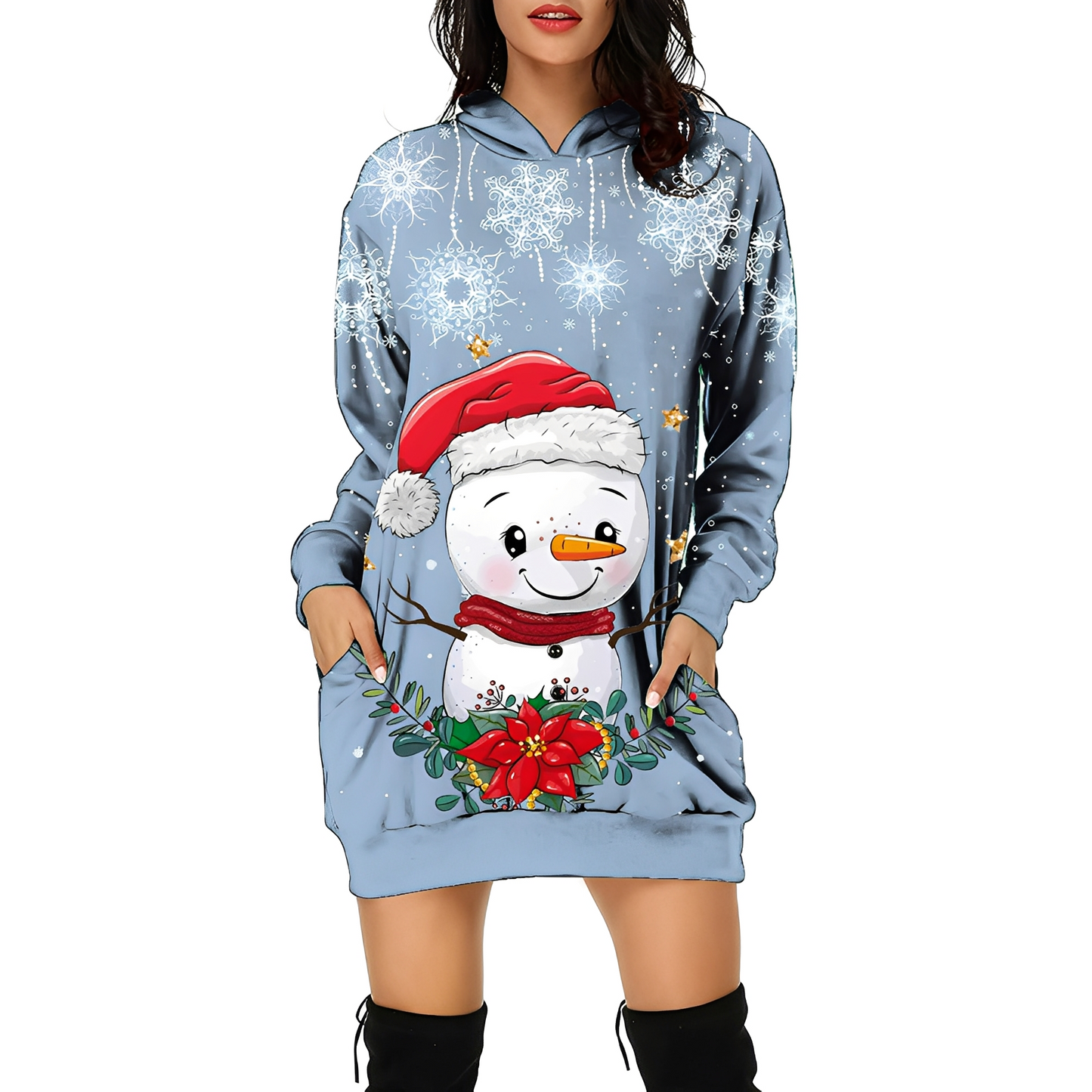 Damen Weihnachtskleid Kapuze Print - Norvielle