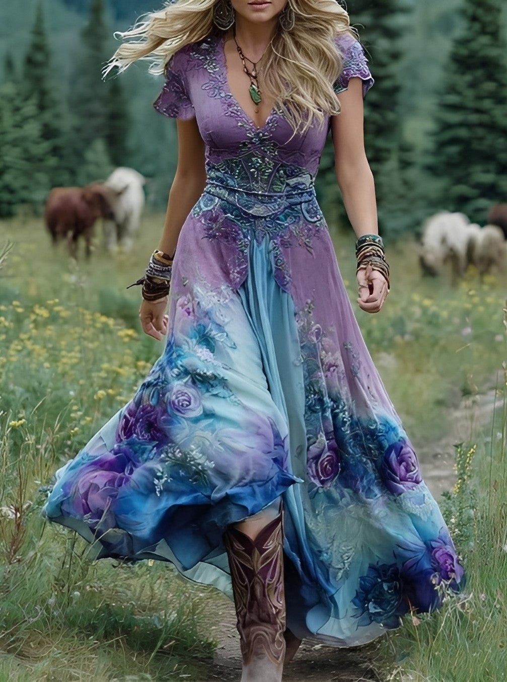 Damen Maxikleid Blumendesign Baumwolle Lang