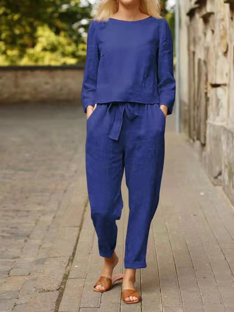 Damen Freizeit-Set Langärmliges Oberteil Gürtelhose