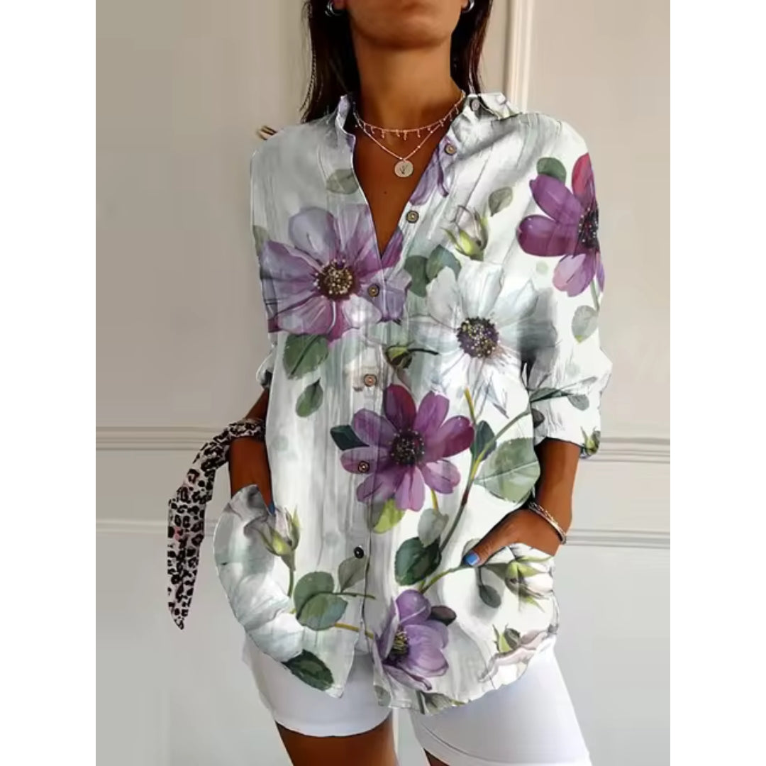 Damen Blumenbluse Knopfleiste Lange Ärmel Luftig Rosa