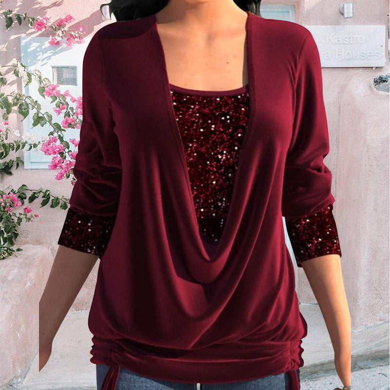Damen Bluse Langarm Pailletten Elegante Weiss - Norvielle