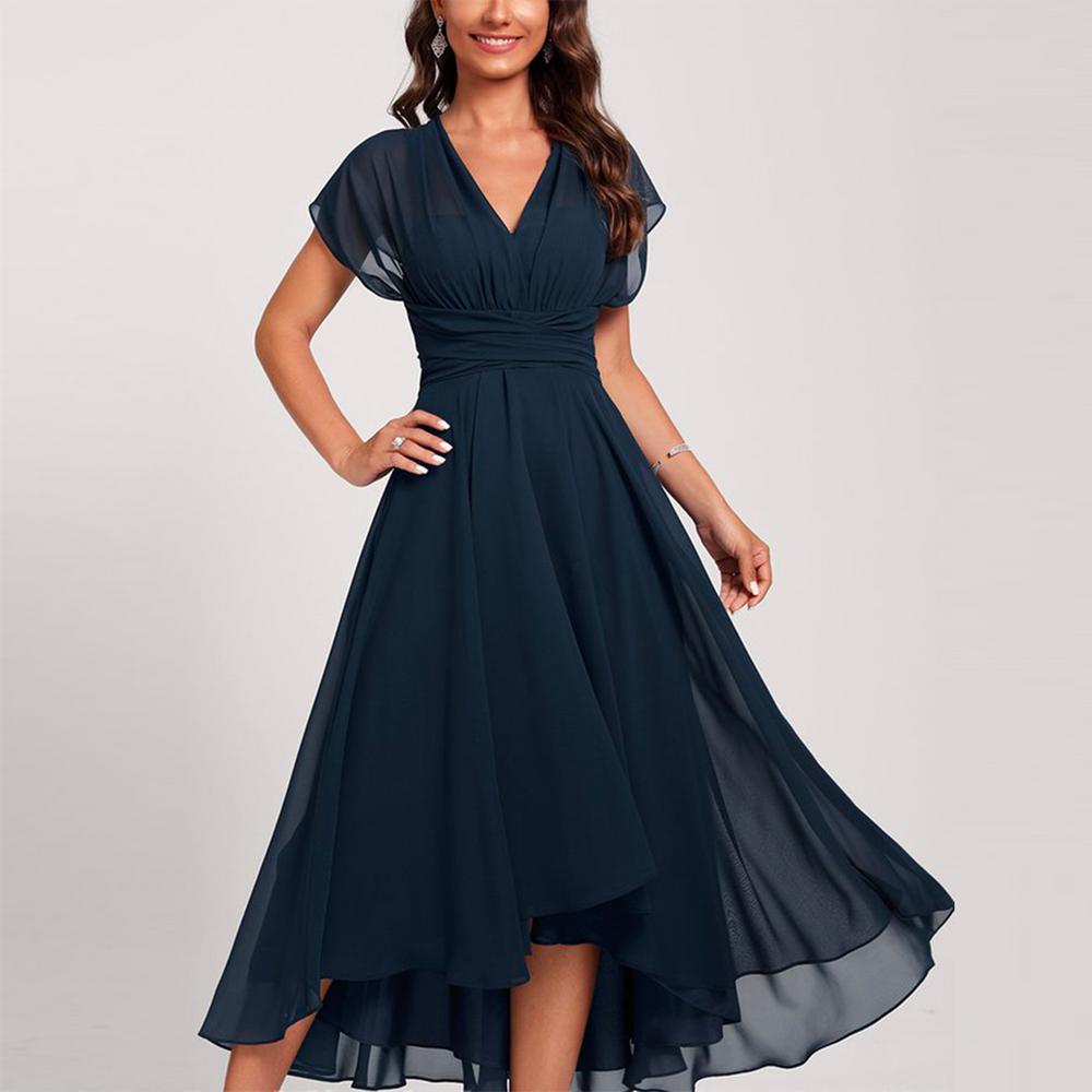 Blaues Damen-Midi-Kleid Kurze Ärmel Gekrümmte Taille - Norvielle