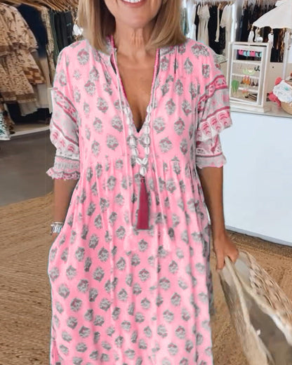 Damen Bedrucktes Sommerkleid V-Ausschnitt Halbärmel