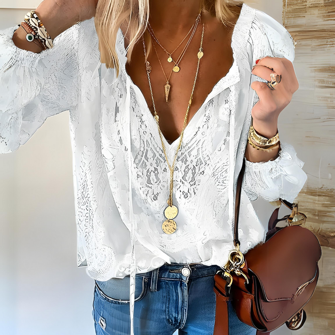 Damen Bluse Lockere Form Geschlitzter Ausschnitt - Norvielle