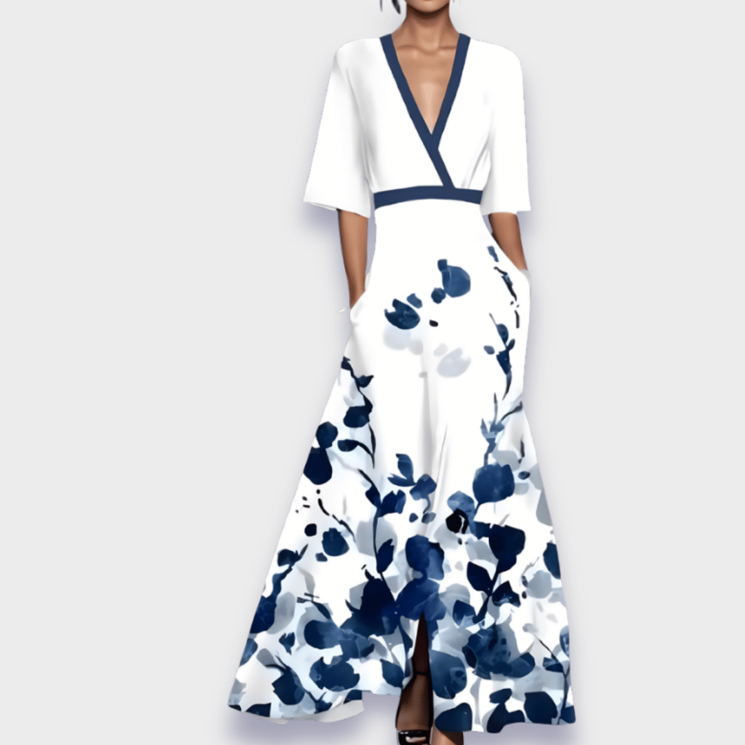 Damen Wickelmaxikleid Blumenmuster V-Ausschnitt