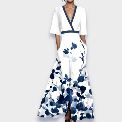Damen Wickelmaxikleid Blumenmuster V-Ausschnitt