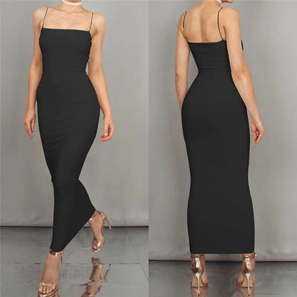 Damen Bodycon Kleid Midi Länge Spaghettiträger Elegant