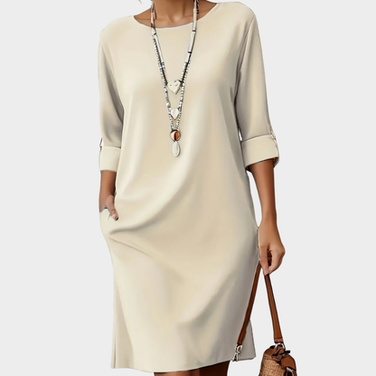 Elegantes Damen Freizeitkleid 3/4-Ärmel Zeitlos Beige