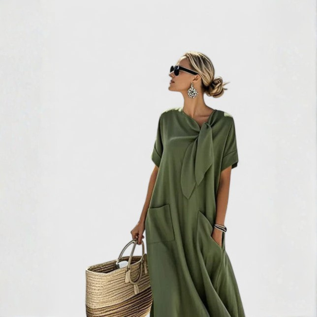 Damen Midi Kleid Mit Bindekragen Leicht Lockeres Design