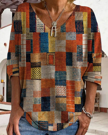 Damen Oberteil V-Ausschnitt Patchwork Print