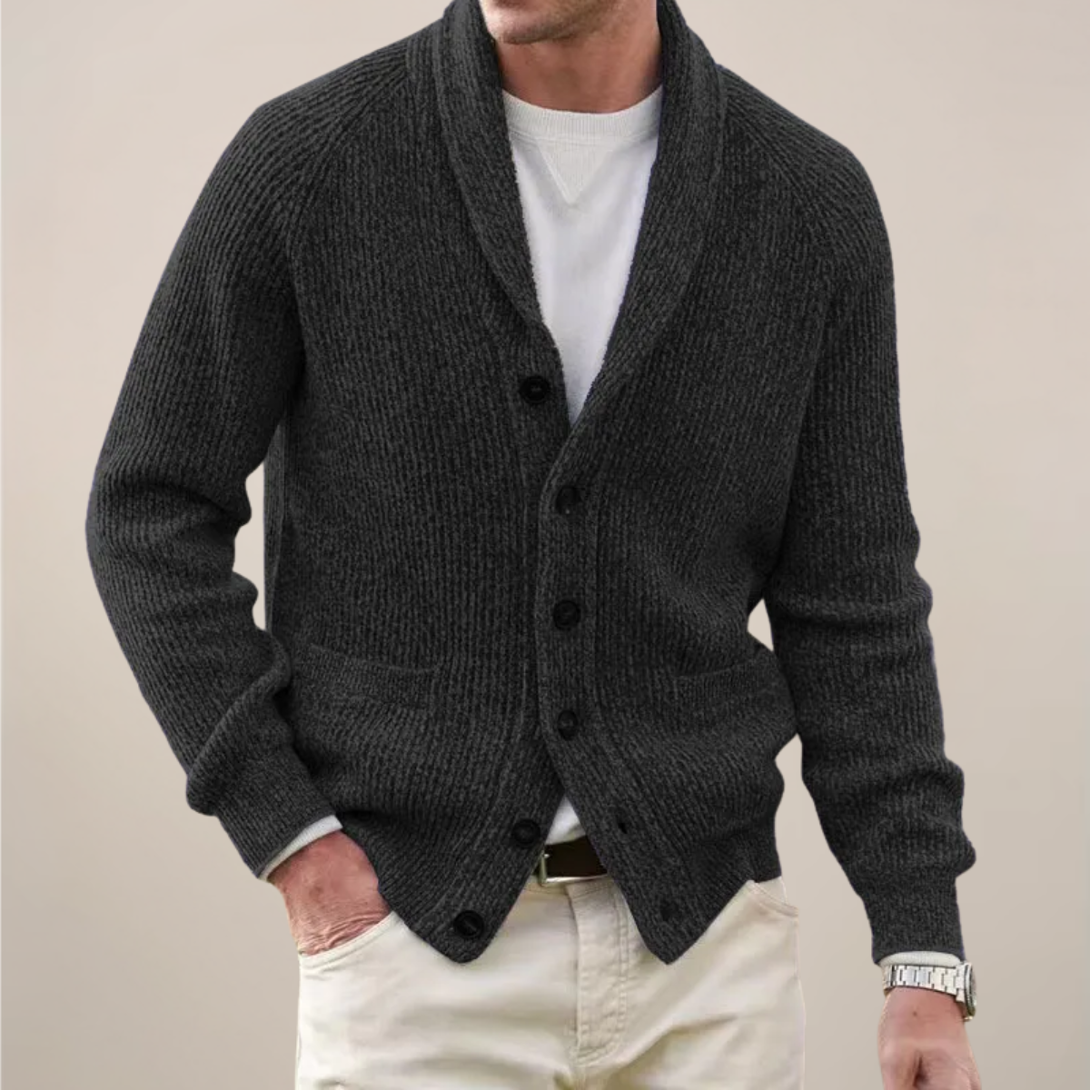 Herren Strickjacke mit Schalkragen und Knöpfen Beige