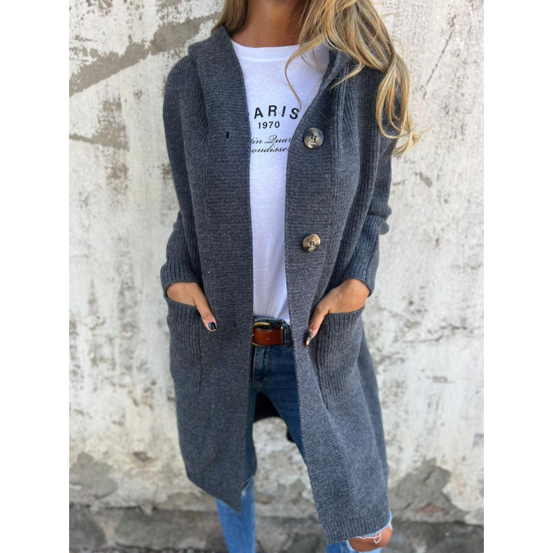 Norvielle Damen Cardigan Lang Mit Kapuze Große Knöpfe