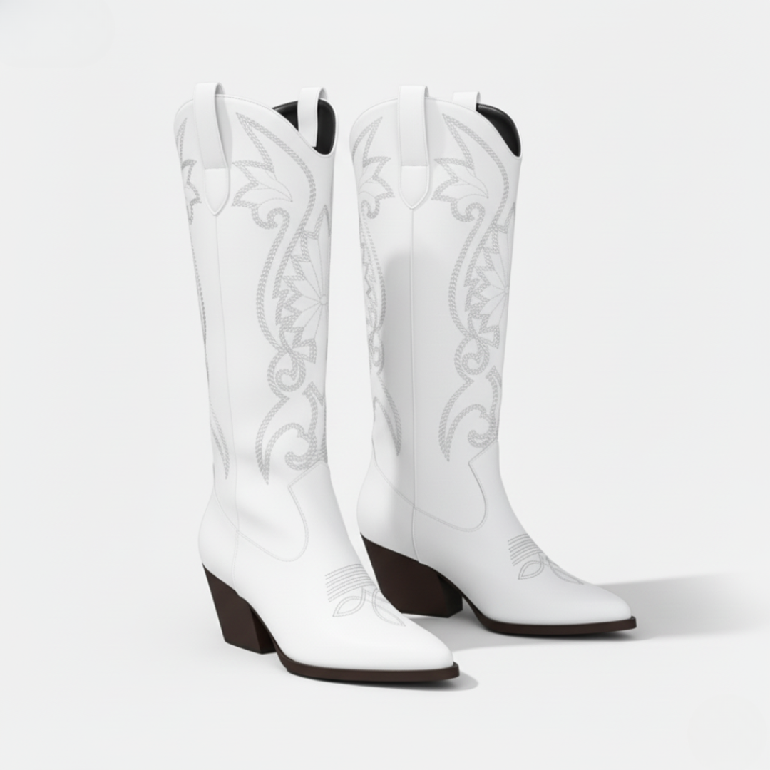 Damen Westernstiefel Kunstleder Knielang Bestickt Blockabsatz