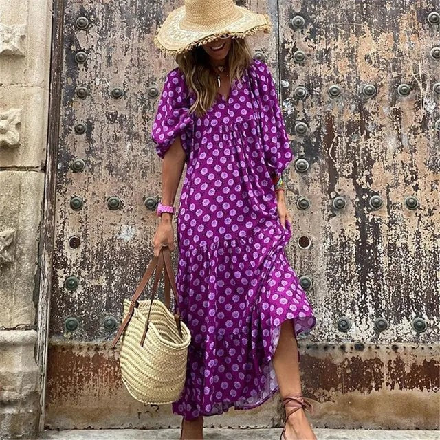 Damen Boho Maxi Kleid Blumenprint V-Ausschnitt Halbarm