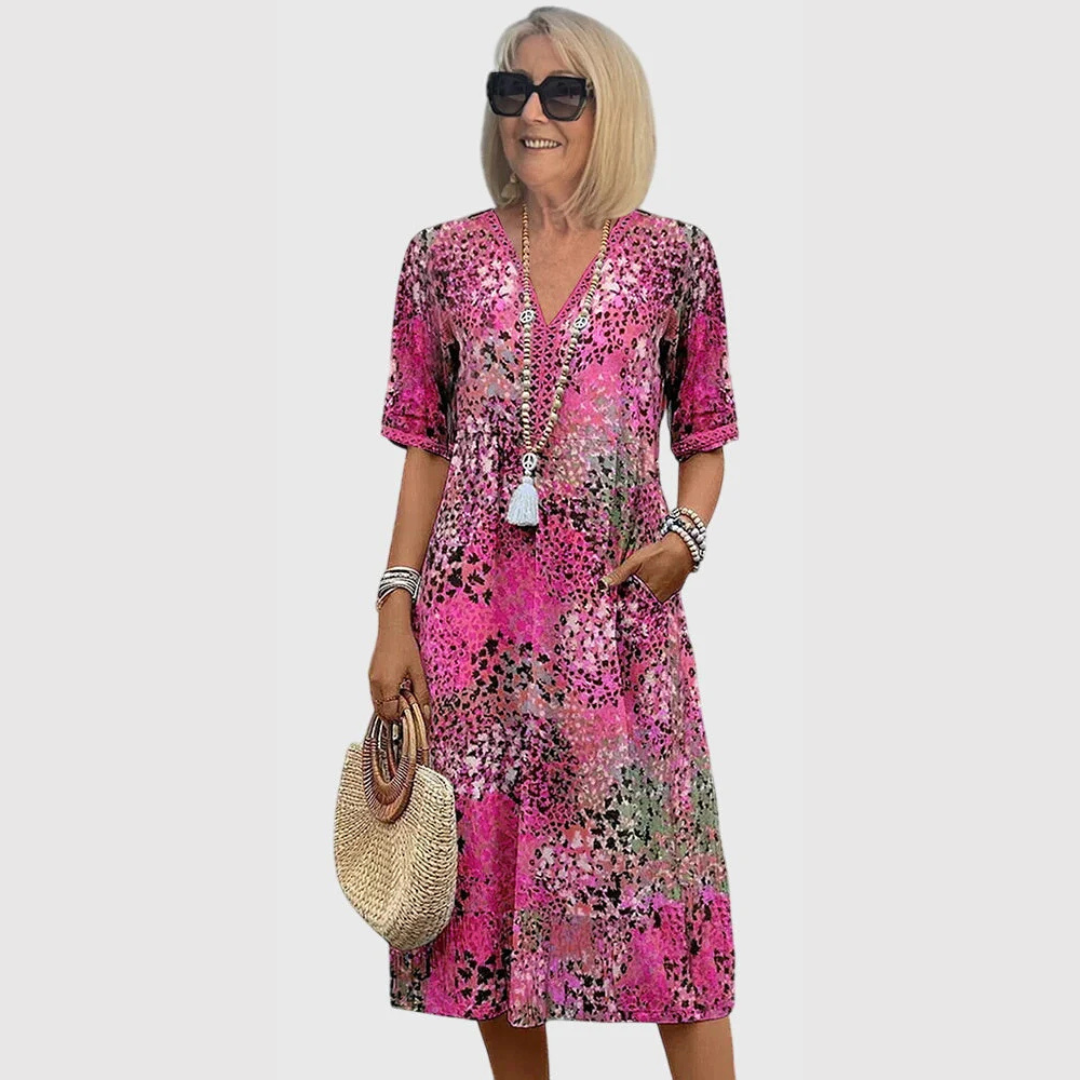 Damen V-Ausschnitt Midi Kleid Bedruckt