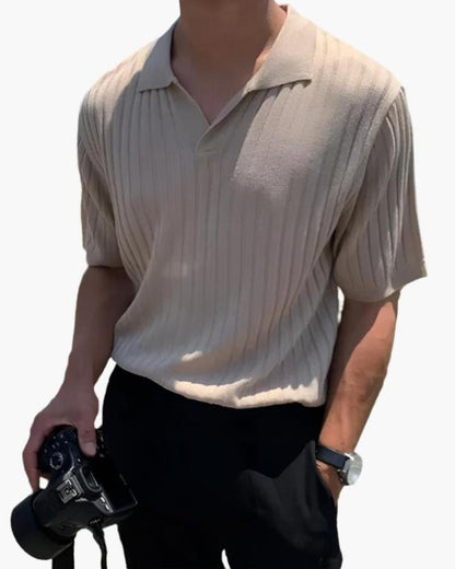 Herren Poloshirt V-Ausschnitt Ribstrick Weiß
