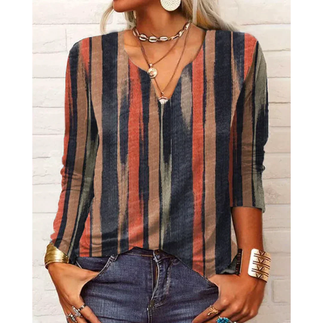 Damen Bluse Boho-Stil Langärmelig V-Ausschnitt Mehrfarbig