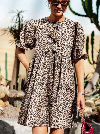 Damen Leopardenkleid Kurze Puffärmel - Norvielle