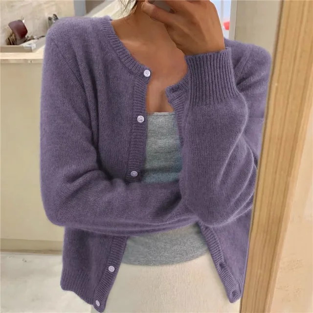 Damen Strickjacke Rundhalsausschnitt Lange Ärmel