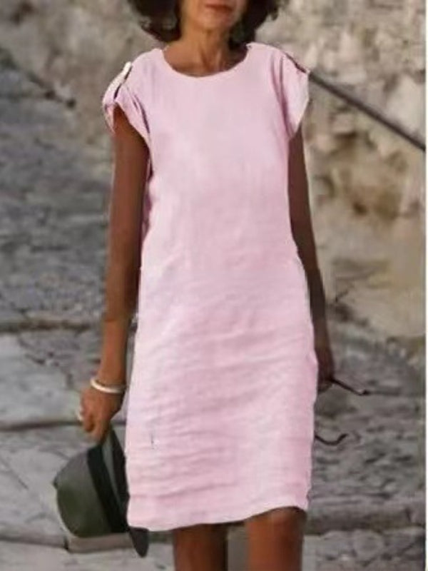 Damen Midikleid Baumwolle Ärmellos Rundausschnitt