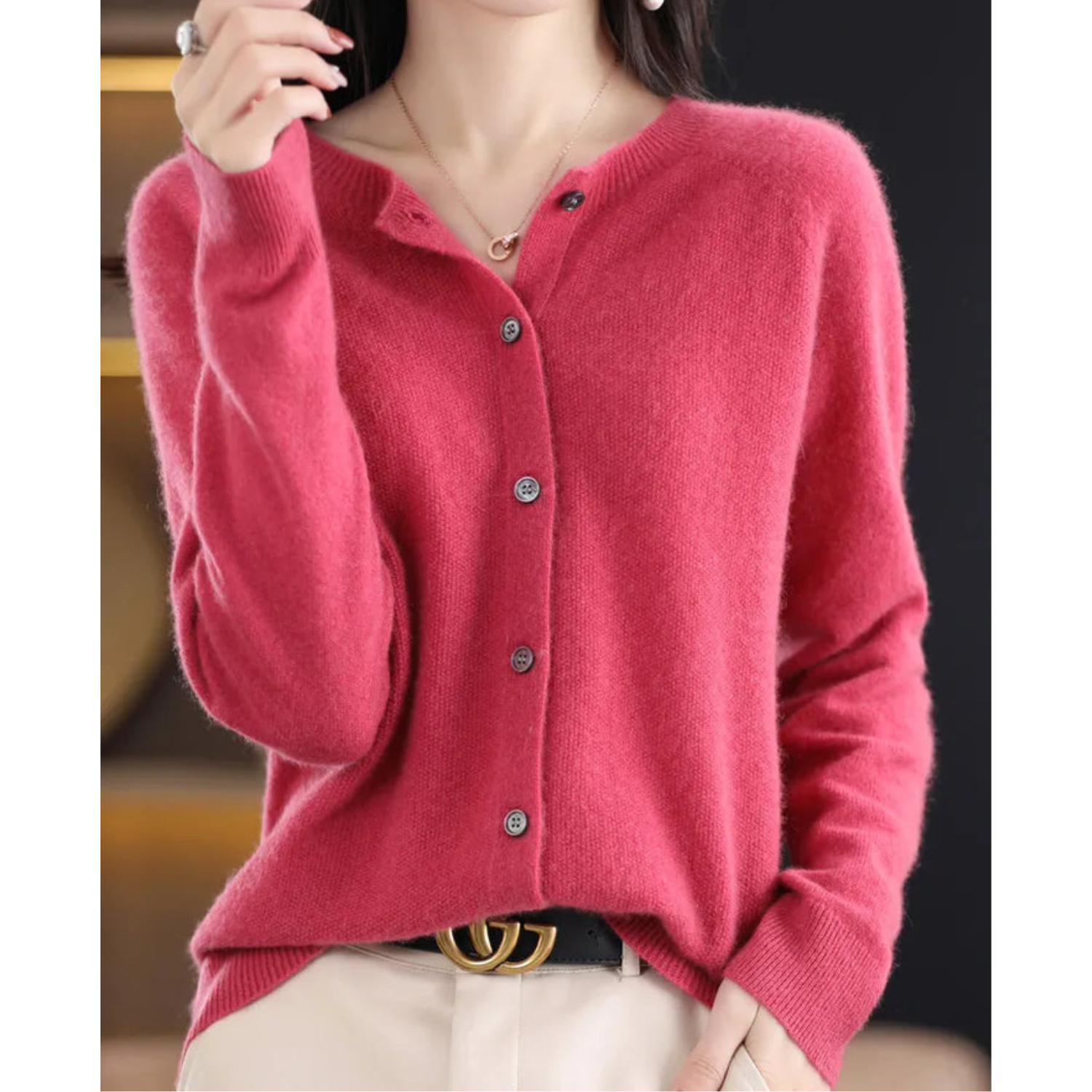 Norvielle Damen Strickjacke Merinowolle O-Ausschnitt Schwarz - Norvielle