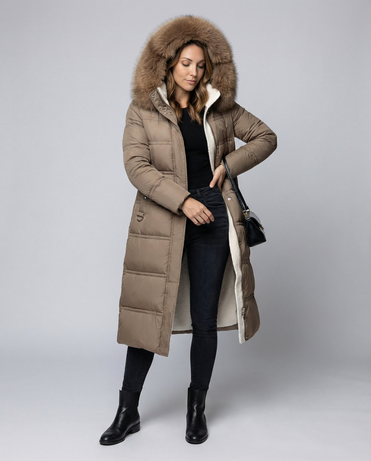 Damen Wintersteppmantel Lang Lederoptik Schwarz - Norvielle