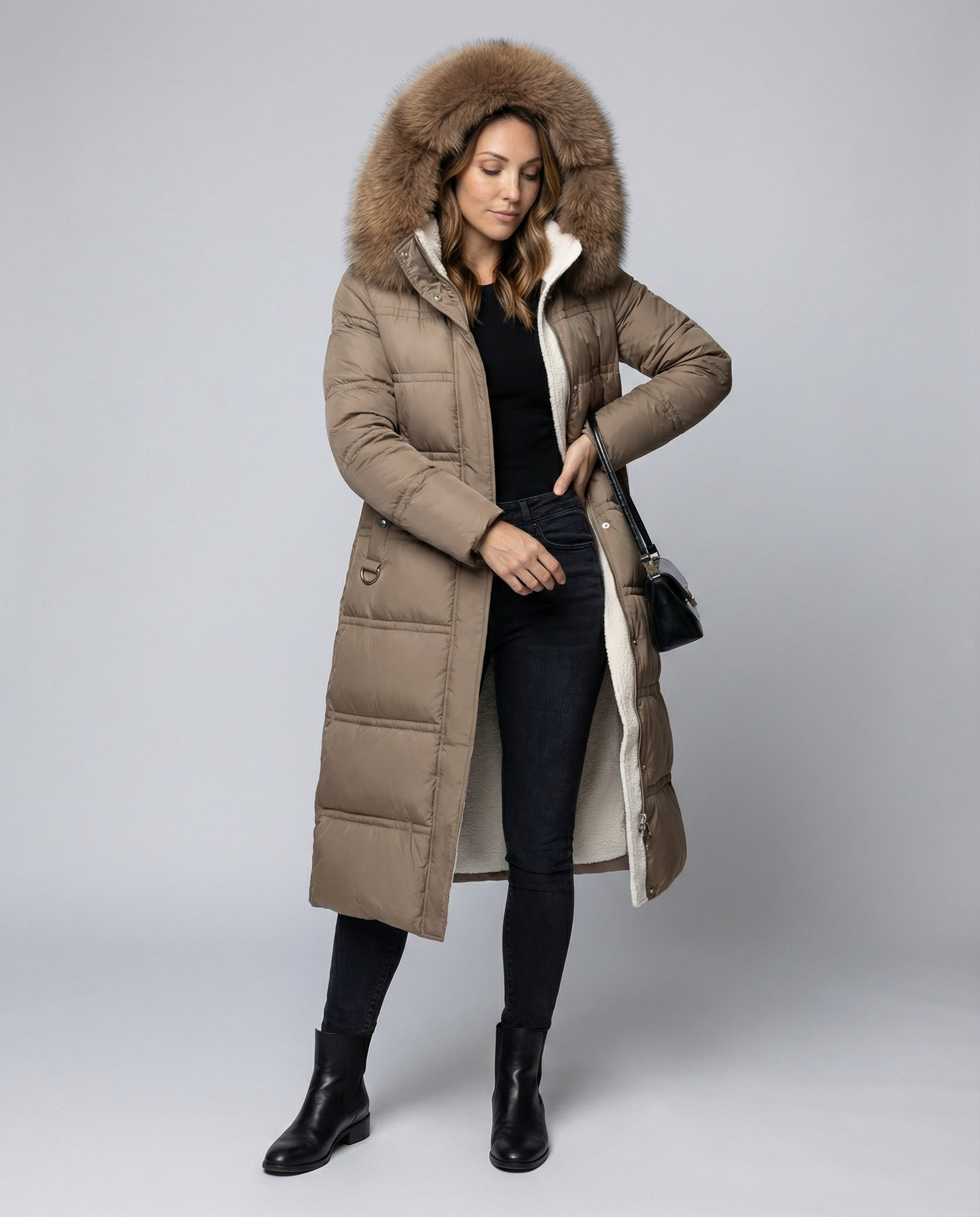 Damen Wintersteppmantel Lang Lederoptik Schwarz - Norvielle