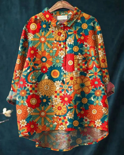 Damen Bluse Floral-Muster Knöpfe