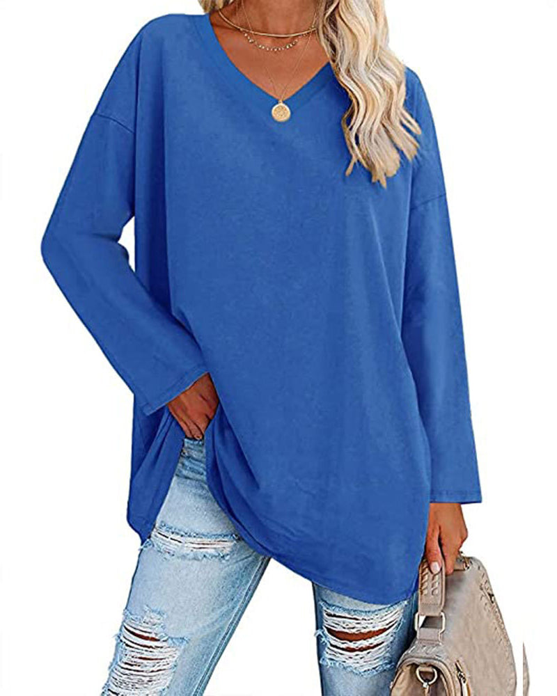 Norvielle Damen Langarm T-Shirt V-Ausschnitt Einfarbig