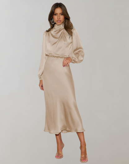 Elegantes Damenkleid aus Satin mit Langen Ärmeln