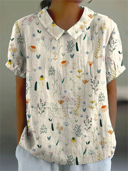 Damen Bluse Kurzärmelig Blumenmuster Mit Kragen - Eveloria
