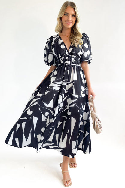Norvielle Damen Maxi-Kleid Puffärmel Print