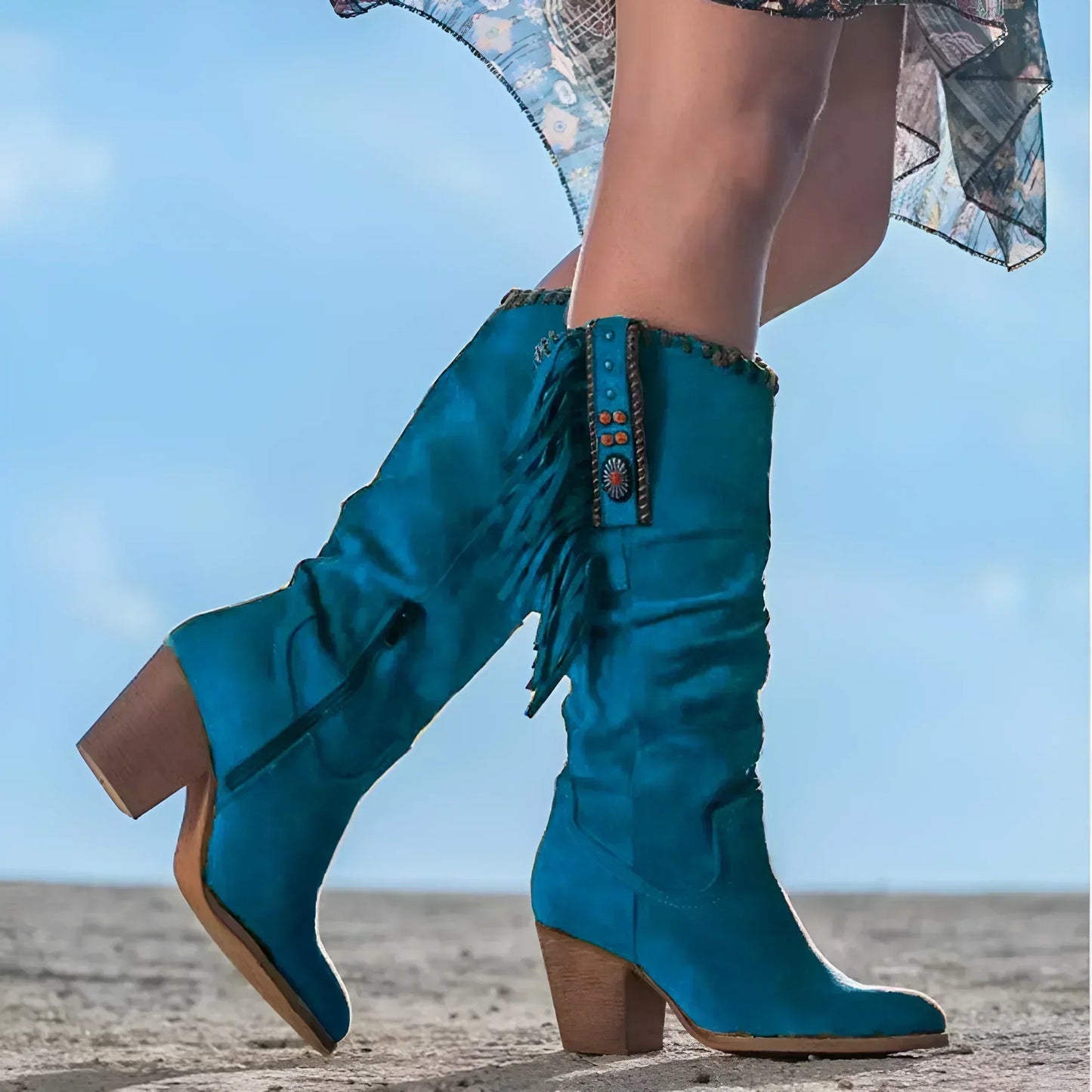 Damen Western-Stiefel Fransen Klobiger Absatz